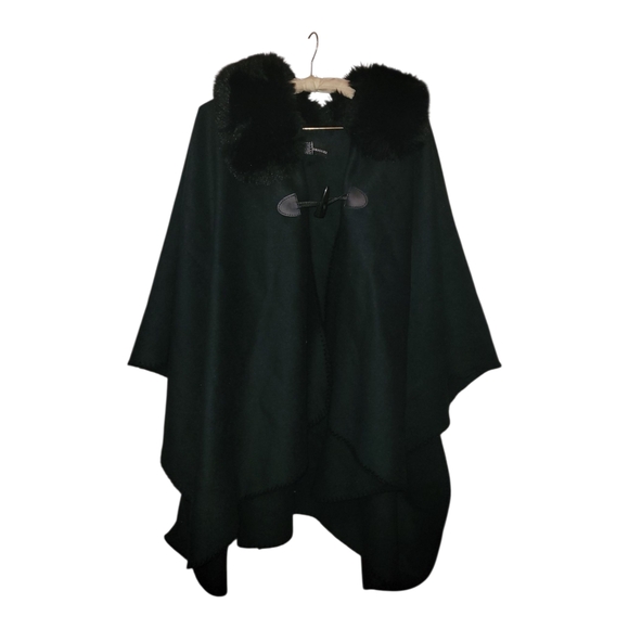 Isabella Rodriguez Black Faux Fur-Trimmed Poncho Cape Coat OS Warm Luxury - Picture 1 of 5